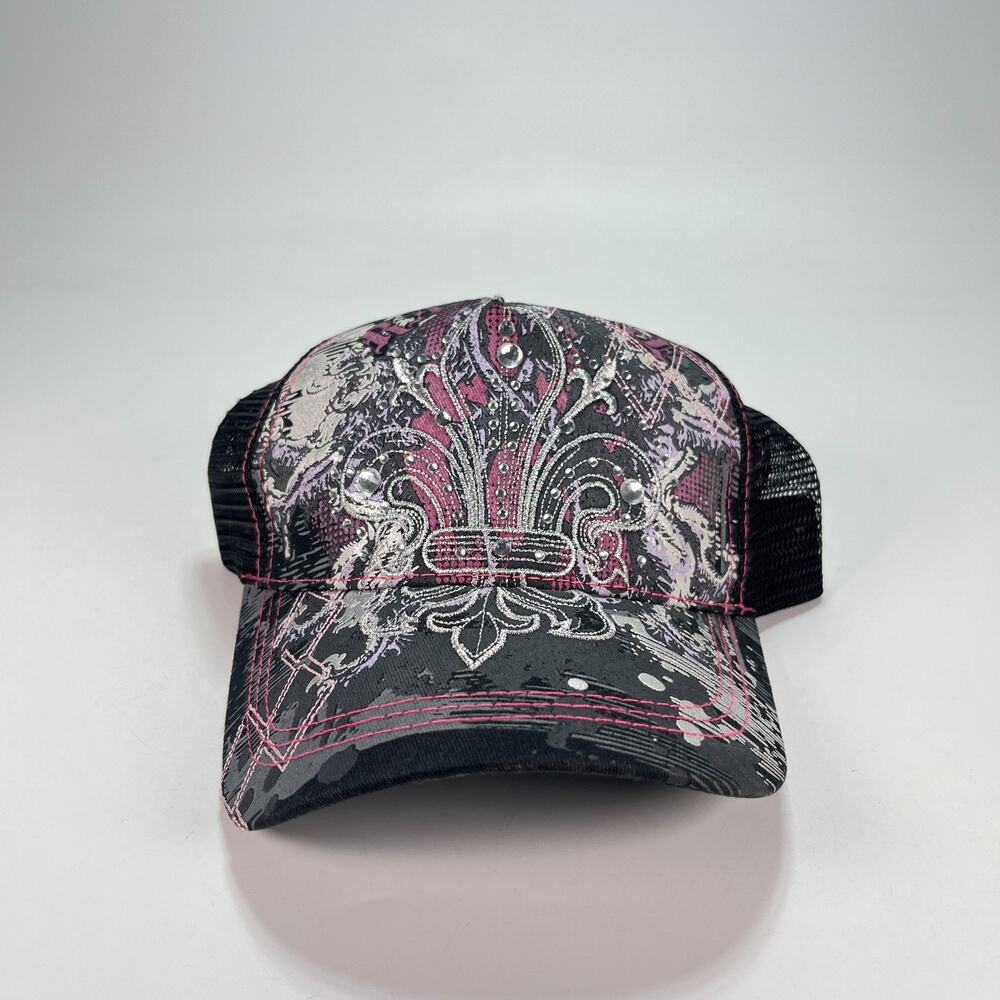 Vintage L.O.G.A Y2K Black Pink Distressed Graphic Rhinestone Mesh Trucker Cap